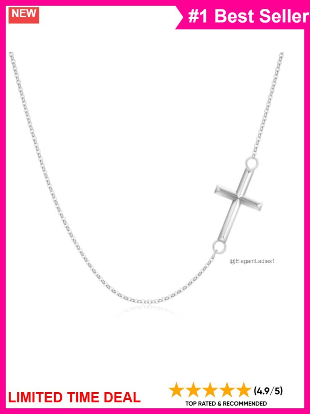 Sterling Silver Sideways Cross Pendant Necklace 18-20" Adjustable Chain